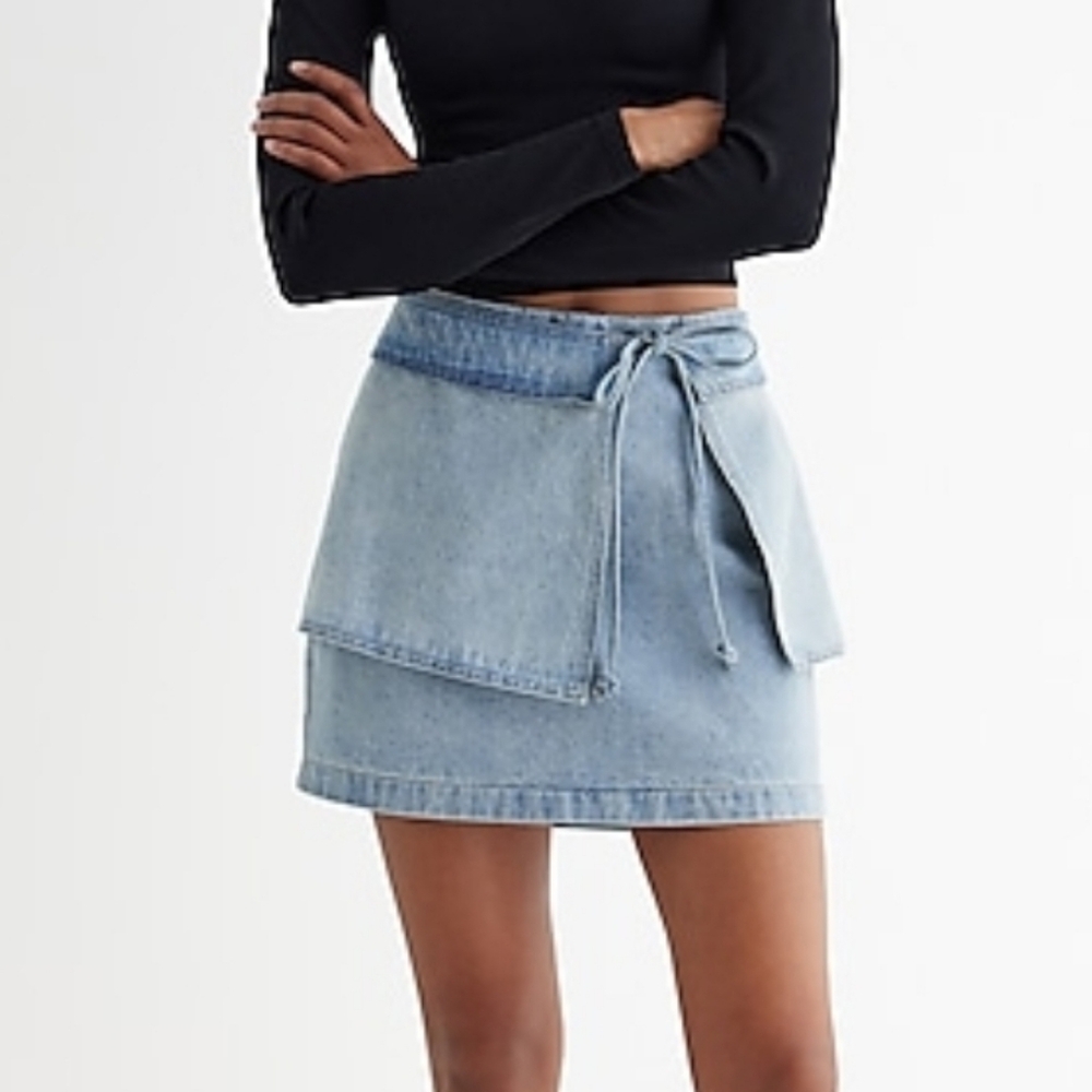 Express Denim Wrap Mini Skirt - Light Blue